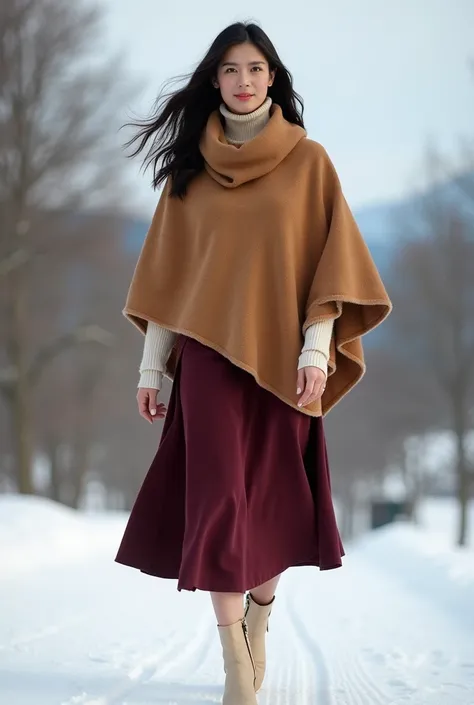 CREATE HD HIGH QUALITY RESOLUTIONS PICTURES B-ROLL OF LADY WEARING WINTER OUTFITS IN Camel Poncho + Dark Maroon Skirt + Cream Ankle Boots