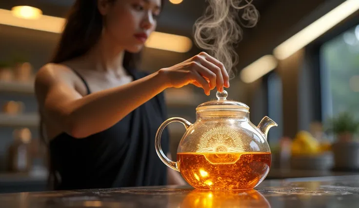 A futuristic kitchen with a sleek, metallic design and warm ambient lighting. A beautiful modern stunning Bangladeshi women with black color saree with sleeveless blouse, white skin places fresh tea leaves into a glowing glass teapot. Golden tea brews insi...