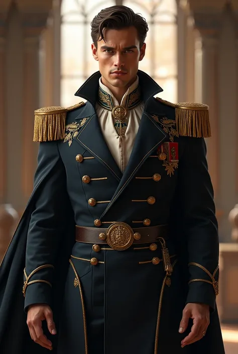 A man wearing a royal uniform in a fantasy world style, a handsome young man, an attractive face, a strict expression, Henry Cavill, a dramatic, complex posture, fine details, prominent body, full face