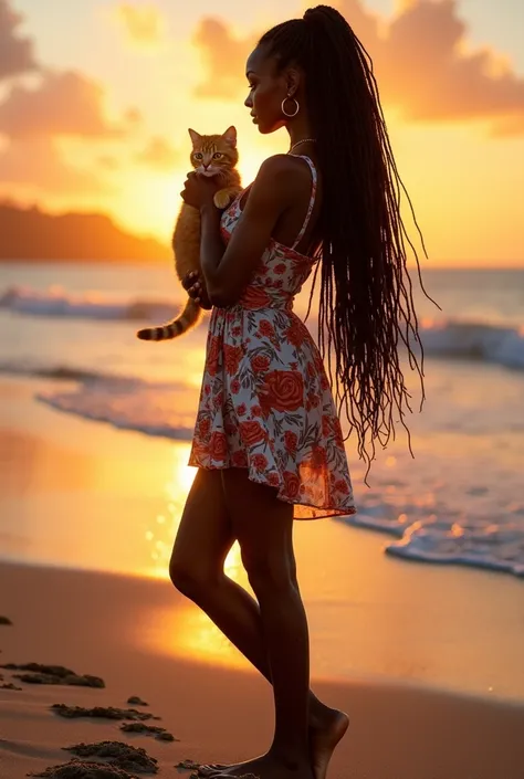 A black woman with dreadlocks at the beach with  millicent  written on the beach sand wearing a mini floral dress steering at the setting sun  with a ginger cat in her hand