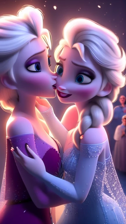 Beauty、(Big Breasts:1.9、 Large Cleavage )、Ice World、Super detailed、  High Quality 、masterpiece、Elsa、 Light Blue Dress、Ice Queen、 Necklaces ((((2girls))))((((( facing each other )))))((((Embrace each other))))Kissing、、2girls kiss、tongue out.long tongue.supr...