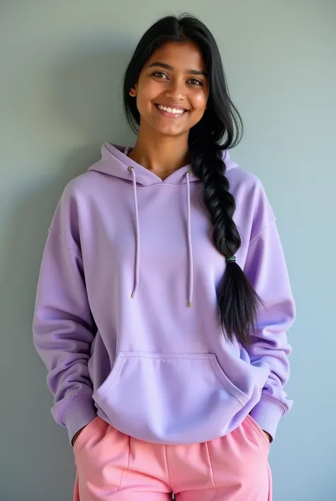 20 year Indian girl with pink baggy track pants and lavender hoddie with single long braid black hair full body photo 