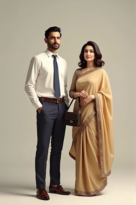 image of a man and a woman in Bangladesh, with the man wearing a white shirt and tie, and the woman dressed in selwar kamiz with a vanity bag on her shoulder. Simplicity