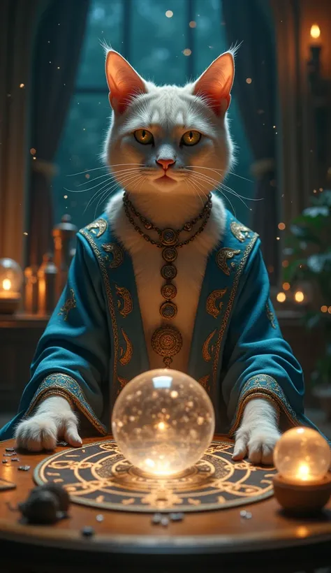 Cat girl:fortune teller、Beauty、It looks like fortune telling on a table with clear crystal balls in the stardust room、 pretty girl、 in frame up to his feet、