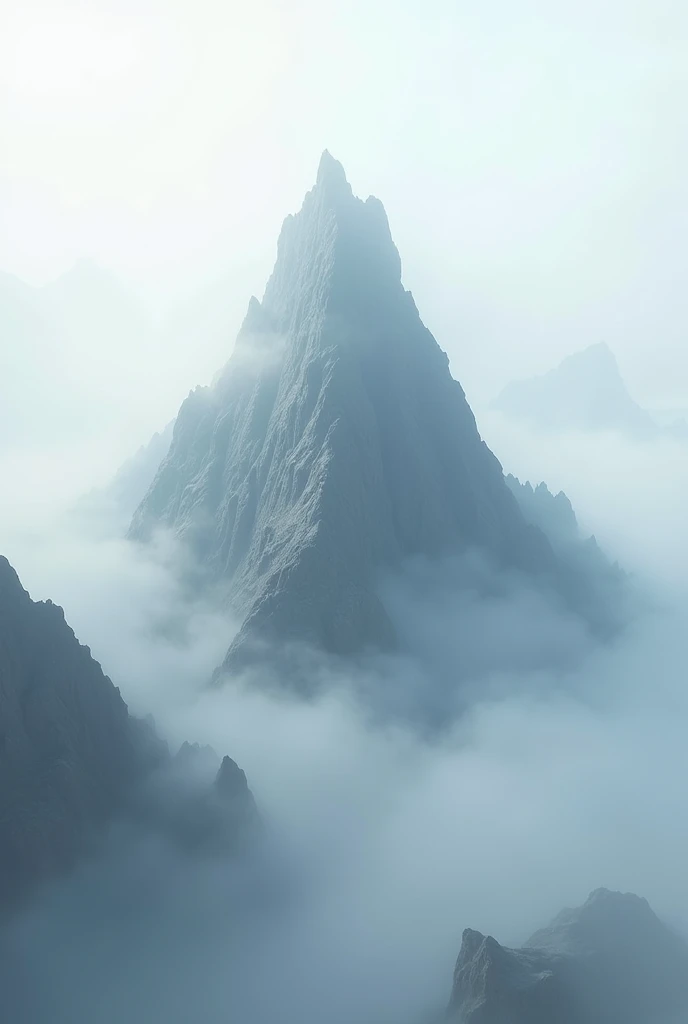 A photorealistic scene of a mountain with the peak clearly and prominently shaped like the letter "DMNV82". The thick, white fog and mist entirely cover the foreground, background, and all lower parts of the mountain, leaving only the "DMNV82". -shaped tip...