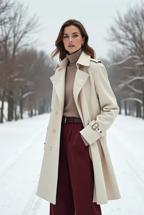 CREATE HD HIGH QUALITY RESOLUTIONS PICTURES B-ROLL OF LADY WEARING WINTER OUTFITS IN Ivory Trench Coat + Burgundy Wide-Leg Trousers + Chocolate Boots