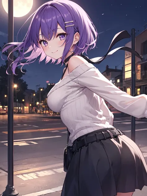  1 girl, solo, Purple Hair, Bob Hair, Beautiful breasts, medium breasts,black off-the-shoulder sweater, navy skirt that puts your butt on the ground,Black belt, black choker, hair clips,Slanted Eyes, Light purple eyes,  close your mouth, happiness/joy,  se...