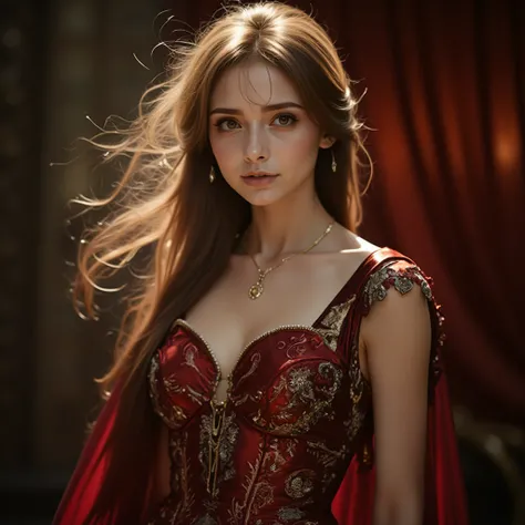 A striking cinematic medium shot captures the essence of a mysterious woman, with her cascading blonde hair framing her face. She wears a regal, deep red gown adorned with intricate gold and silver patterns, perfectly complementing her exquisite jewelry. H...