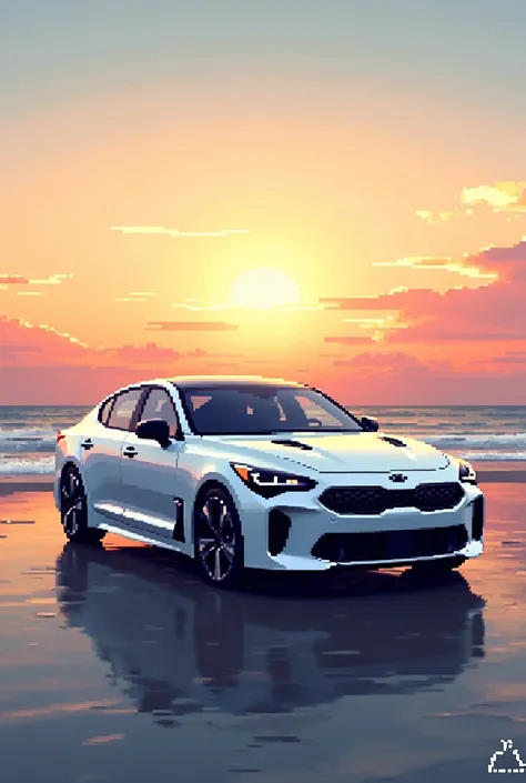  Its a car called Kias Stinger Meister., Its a white car that hasnt been tuned, make it look like pixel art, and the background is a sunset ocean