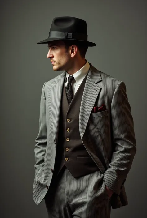 man, gray, large, One ; 1920s clothing ,  with striped suits ,  fedora vests and hats ."