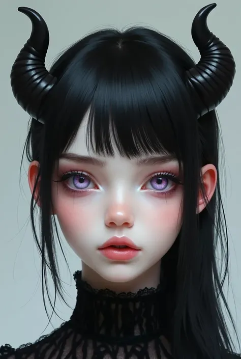 A pale skinned girl,  eyes totally lilac lavender, a gentle face , demonic horns,  black gothic hair, a large and delicate nose .