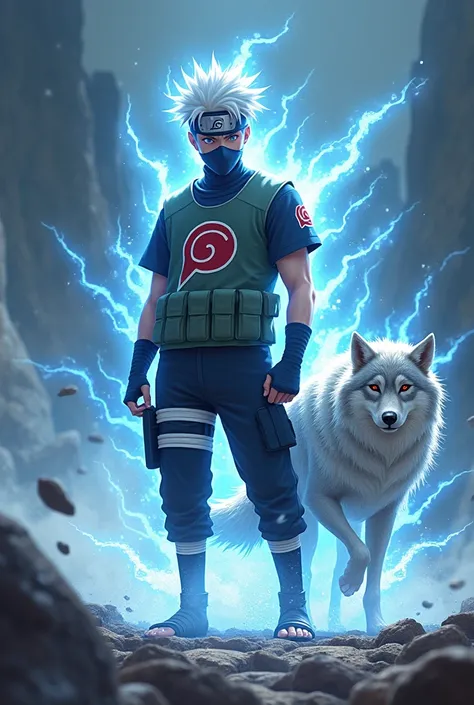 Generate a image in which kakashi having light power running in light speed having a wolf having water power !and wear a tshirt written t letter.