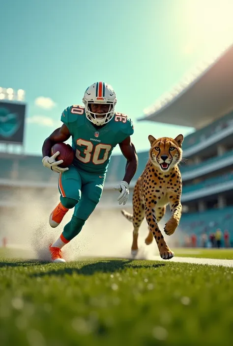 Tyreek Hill racing a cheetah to the end zone of the Miami Dolphins football stadium, miami dolphins uniform, High Resolution, Masterpiece, Best Quality, Award Winning, High Details, High Quality, Super Detailed, Retina, UHD, Motion Blur, 8K Octane, Cinemat...