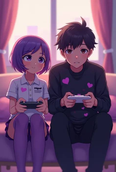  small girl with flat breasts , "with glasses",  short purple hair ,  purple eyes,  with a purple mini skirt ,  with a polo shirt that says  "miguel"  with hearts and long purple tights , playing with a play station ,  in her room ,  with purple tones 
Ano...