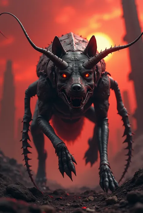 "A monstrous hybrid creature combining features of a dog and a cockroach. The entity has the body of a dog with insect-like exoskeleton armor, sharp mandibles replacing the snout, and long, menacing antennae. Its legs are a mix of dog paws and cockroach-li...