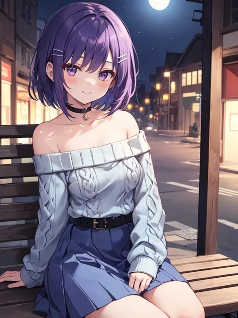  1 girl, solo, Purple Hair, Bob Hair, Beautiful breasts, medium breasts,(black off-the-shoulder sweater:1.4),(( blue skirt:1.3)),Black belt, black choker, hair clips,Slanted Eyes, Light purple eyes,  close your mouth, happiness/joy,  seductive smiles from ...