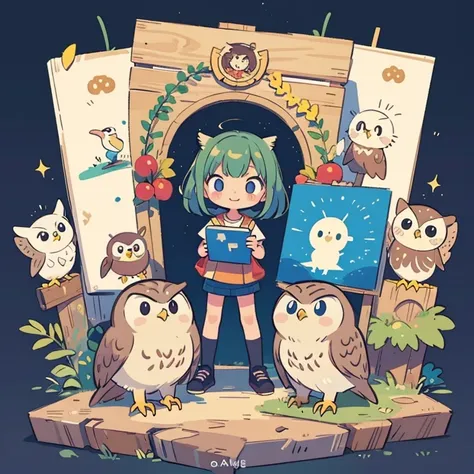 Little Owl Mascot Character Artwork, An absurd solution,  high definition , (masterpiece: 1.4), Super detailed, Young people&#39;s short , Messy black hair, Welder dresses up ,  smiles, Factory Advanced Workbench ,  technology sense screen