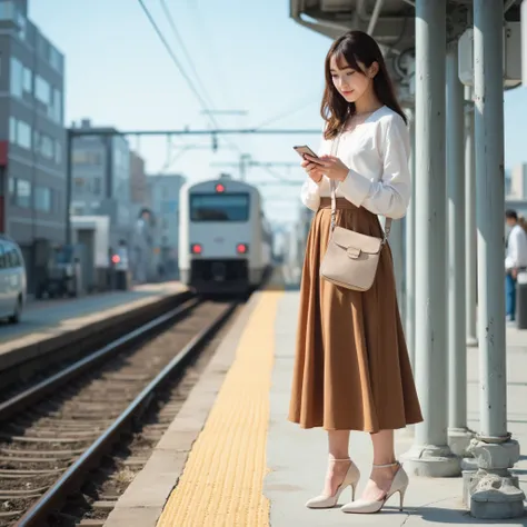 The image shows an asian woman standing at a train station platform in japan. She is wearing a white blouse, a brown skirt, and white high heels. She has a beige crossbody bag on her shoulder and is looking at her phone. The platform has a concrete floor a...