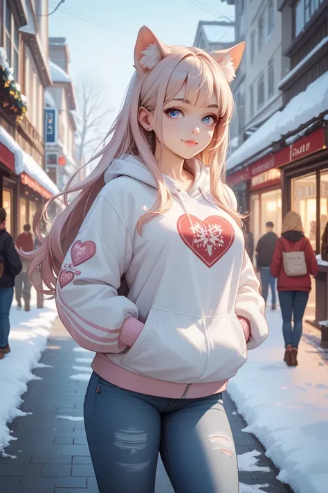 Girl standing on a snowy street ,  I have long hair, but the whole thing is light blue, and only the tip of the head has a light purple gradation,  Im wearing a fluffy pin on my right bangs , No animal ears ,  wearing a hoodie and hot pants ,  Her eyes are...