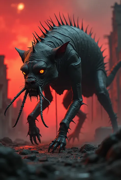 "A monstrous hybrid creature combining features of a dog and a cockroach. The entity has the body of a dog with insect-like exoskeleton armor, sharp mandibles replacing the snout, and long, menacing antennae. Its legs are a mix of dog paws and cockroach-li...