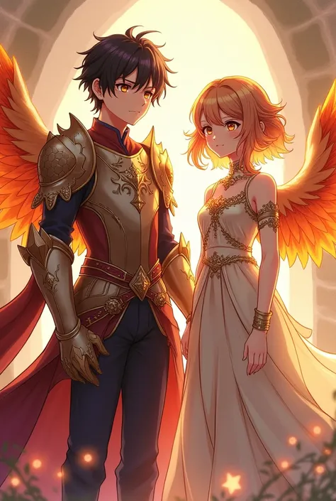 2 baby brothers : Prince man gentleman boy anime style With dark brown short hair and honey-colored eyes , dressed in armor with scales in the shape of a phoenix and wings of a fire phoenix. And Next to her twin sister girl with long dark brown hair and ho...