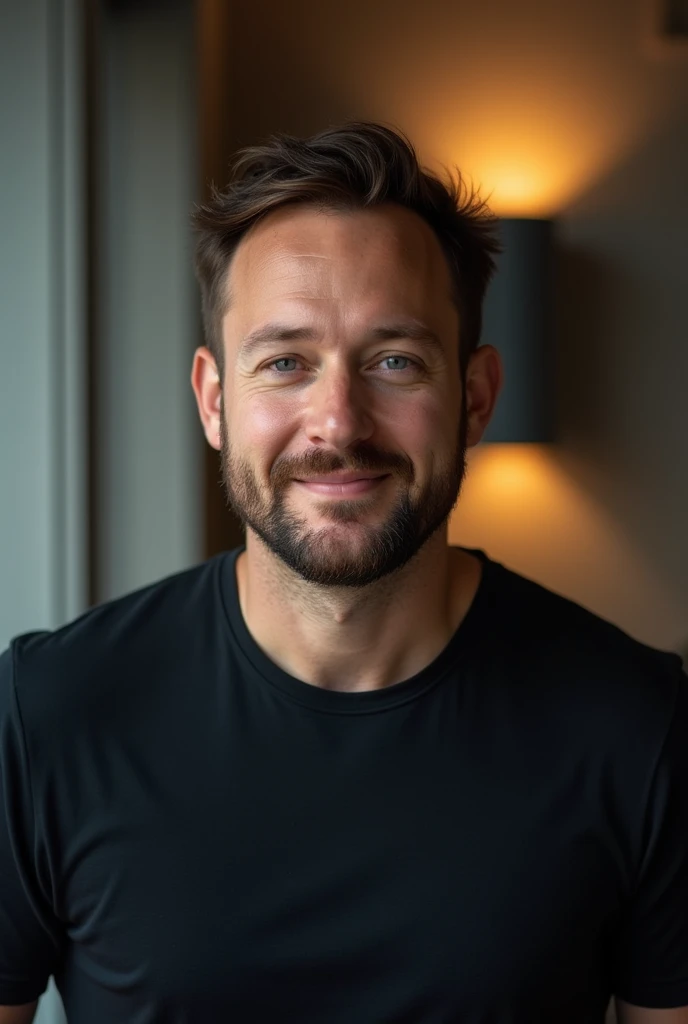 A professional headshot for a linkedin profile picture. A man of 28 years with little beard in face and little chubby, cinematic lighting background