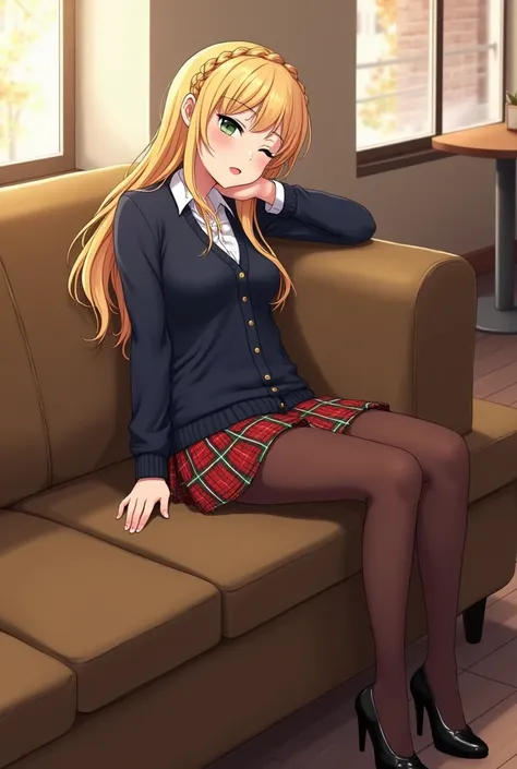 An anime-style illustration of a 30-year-old mature tall female older sister-type character with long blonde hair in a crown braid and deep green eyes, wearing an outfit consisting of a navy cardigan, a red, green and white tartan pleated skirt, opaque bro...