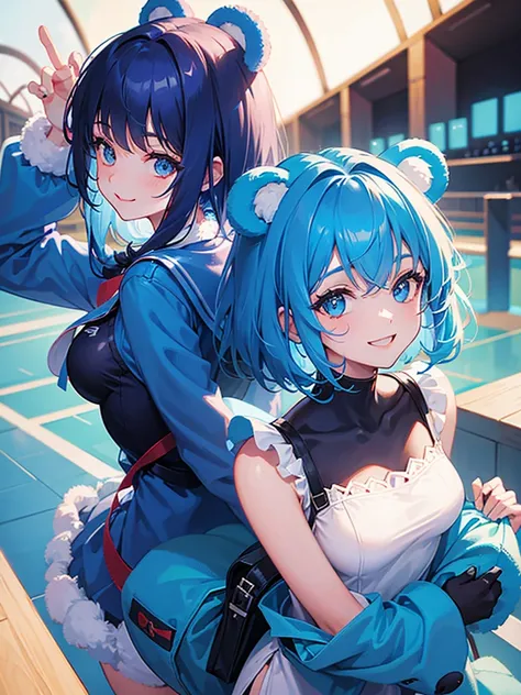 A girl with blue hair wearing a bear costume,smile,back ground in bear