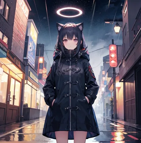 1girl,night city,rain,coat,hands in pockets, Halo, Cat Ears, 