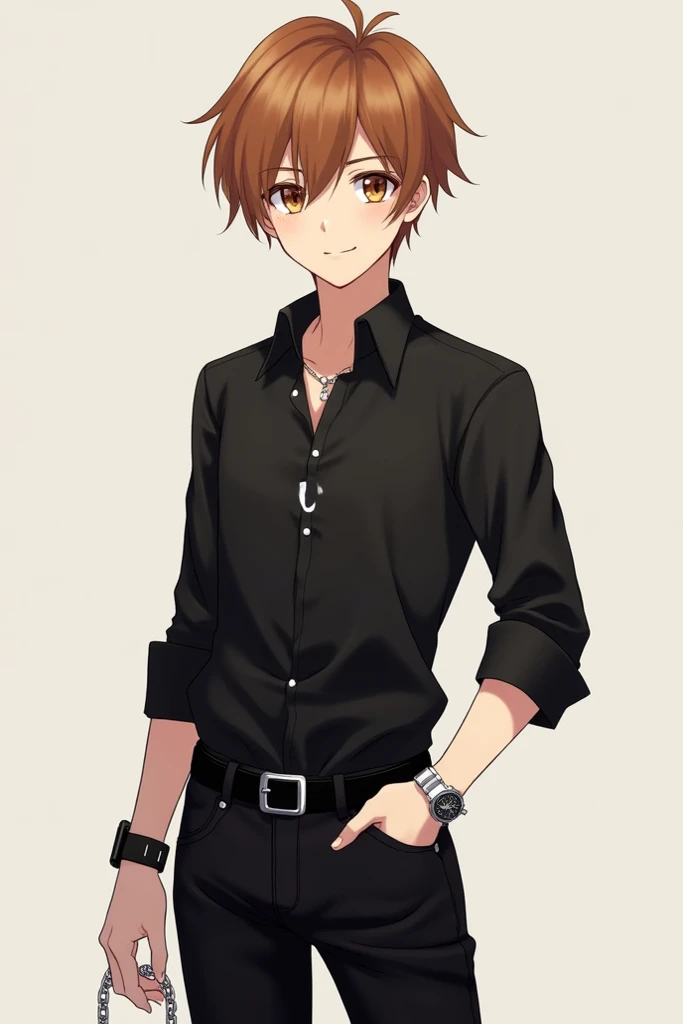 A anime boy with black shirt and black jeans bronze hair brown eyes beautiful smile watch in left hand and chain in right hand wearing a locket