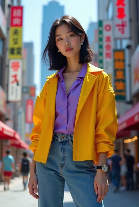 Japanese woman wearing yellow street jacket, violet shirt, jean pants, and white shoes