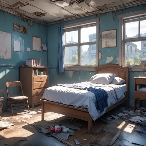 masterpiece, best quality, 8k, highres, ultra-detailed, hdr, uhd, 1girl,school sailor,derelict room,sitting bed,