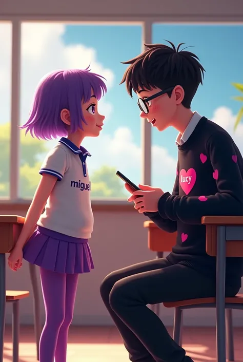  small girl with flat breasts , "with glasses",  short purple hair ,  purple eyes, wearing a purple mini mini skirt ,  with a polo shirt that says  "miguel"  with hearts and long purple tights that he is at school in a classroom standing in front of the ot...