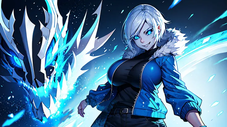 Sans Blue Jacket Black Shirt Fire Eyes Skull Smile Long Lashes White Short Hair Luminous Face Blue Dragon Skull Cannon One Person Standing In Snow Town Femininefull Super huge big breasts breast enlargement full-body shot ultra-detailed, HDR, vibrant color...