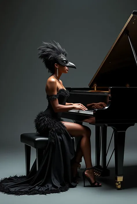 Black woman,  sexy woman, Woman with tight dress, dress with black feathers , woman on gray stage , Woman with a raven mask,  woman in feather sandals , Woman playing the piano, Black Piano, piano with black details ,  woman seated on a black bench 