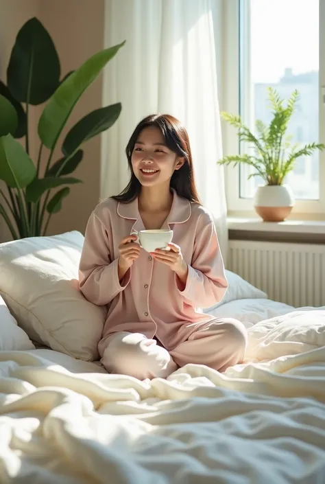 Bedroom: Asian woman wearing pajamas drinking hot tea on a white luxury bed with soft pillows. In a modern, luxurious bedroom ​​Sunshine streams through the large windows. Indoor plants decorated as a background Soft pastel colored walls and the bedside ta...