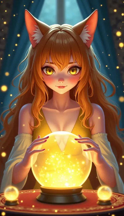 Cat girl:fortune teller、The expression of a beautiful and bright face、 bronze hair with cheese、 fortune-telling on a table with clear crystal balls in a stardust room、Yellow Dress