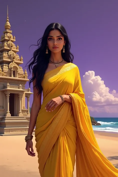 Beautiful girl, wearing yellow color saree South Indian style, in front of temple, background beach with purple sky