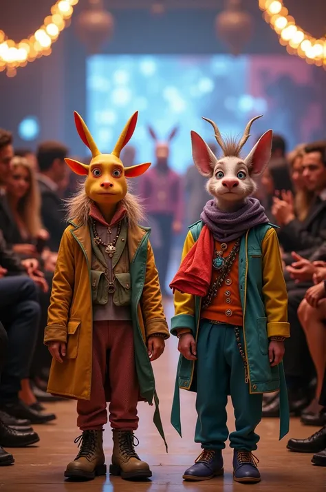 Zog and Zogbert are wearing strange clothes, they are watching a fashion show and are puzzled