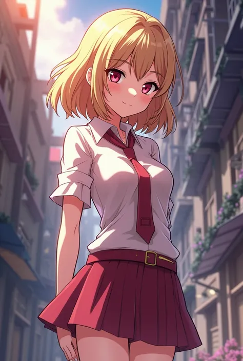 A  girl with a drawing style from the Hunter X Hunter Anime. That she is coquette , waist-length hair with blonde hair and a little brown and a little wavy.  Who is slim but also slightly curvy . With wine-pink eyes .