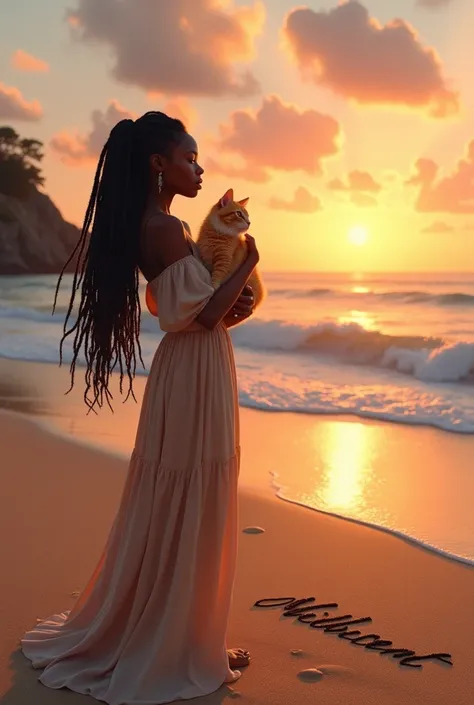 A black woman with dreadlocks at the beach  with a ginger cat in her arm steering at the setting sun with the name millicent written on the sand