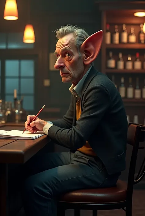  A 30-year-old guy with very big ears,  sitting on a bar stool , A pencil in his hand .