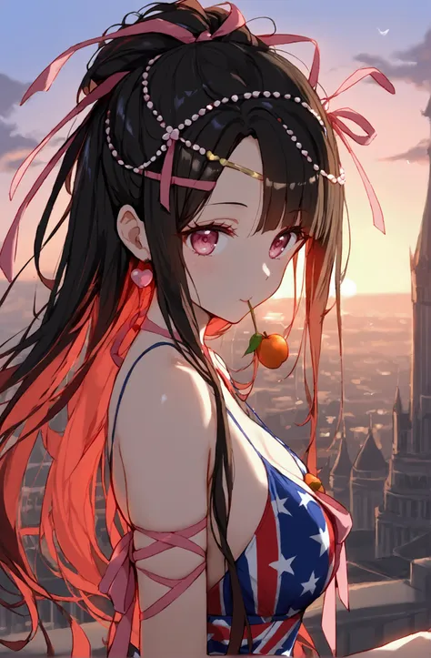 source_cartoon, dark black hair, red..long target hair,, extra long target hair, pink eyes, ribbon, forehead...ribbon, kamado ni...