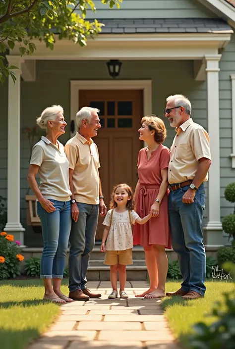  a lively family outside their house (grandparents, dad, mother and daughter)