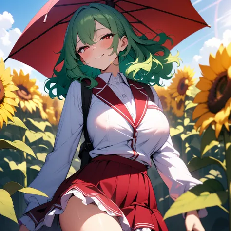 (masterpiece),(best quality),very aesthetic,(ultra-detailed),high saturation,nsfw,1girl,20yo,large breasts,tall,medium hair,green hair,wavy hair,flipped hair,Detailed hair,red alluring eyes,half closed eyes,comfortable,smirk,closed mouth,cool smile,long sl...