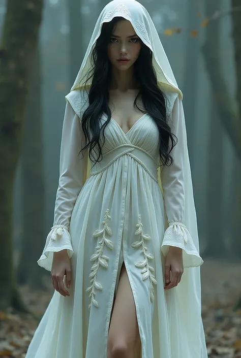 A white-skinned witch with black hair , 
gray eyes Her hair is covered by a hood, small strands of hair appearing to frame your face, and although his face is respectfully solemn, her full lips white wedding dress embroidered with oak leaves with slits on ...