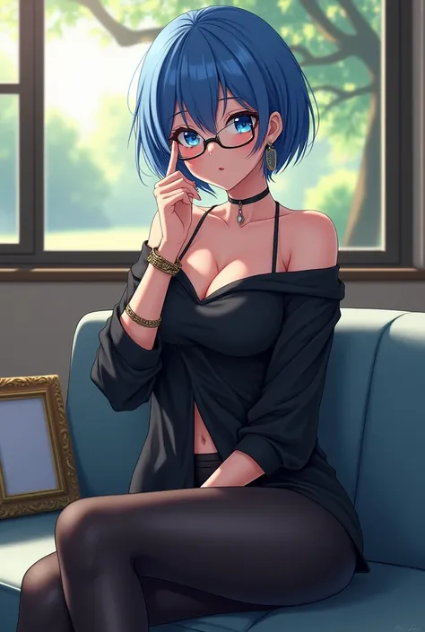 anime,  beautiful woman,  short blue hair ,  blue eyes , beautiful body, earrings, Quite a few bracelets, black blouse, black leggings, on the couch, photo frame. Park background, glasses.