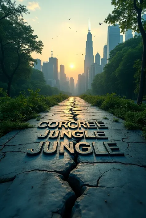 "An artistic representation of a Concrete Jungle, where a dense city skyline made of towering skyscrapers and high-rise buildings dominates one side of the page, blending into a lush green forest on the other side. The title Concrete Jungle and Trend Analy...