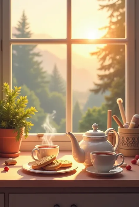 In a corner of the kitchen with a beautiful view in the background, there is an afternoon tea meal in the form of a few pieces of biscuits on a plate. A teapot and two cups filled with hot tea or water are located near the plate. 

Depict this situation fr...