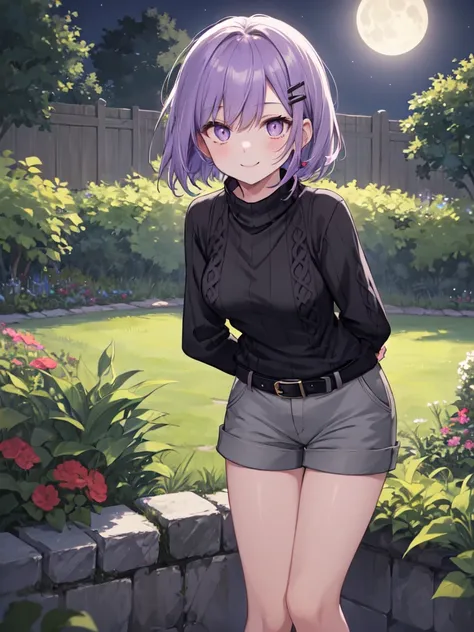  1 girl, solo, Purple Hair, Bob Hair, Beautiful breasts, smaller breasts,(Black sweater:1.5),((Grey shorts:1.3)),Black belt, black choker, hair clips,Slanted Eyes, Light purple eyes,  no highlight in the eye , close your mouth,  seductive smiles from all a...